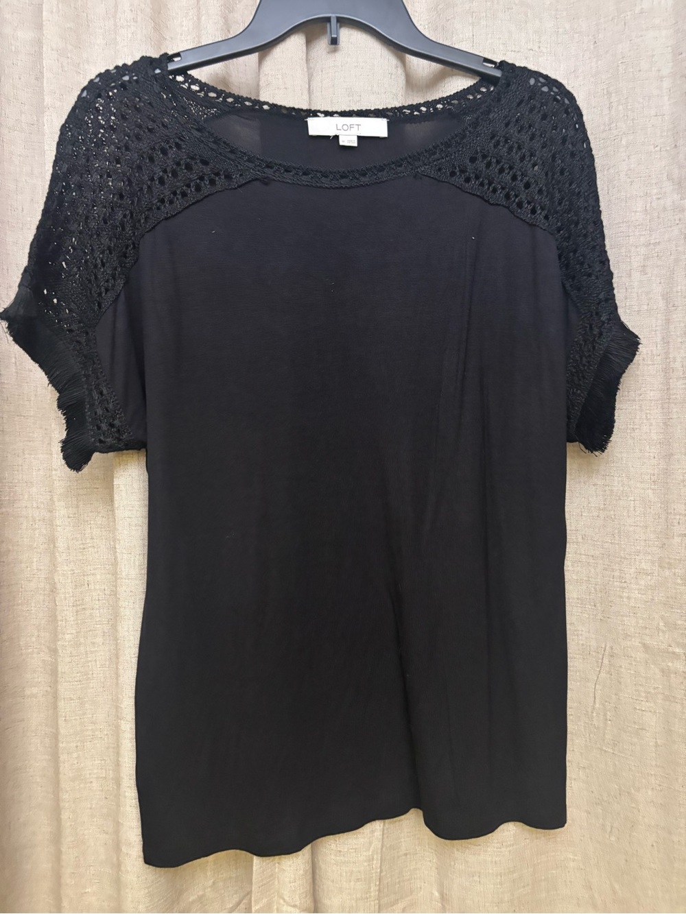 LOFT Black Knit Crochet Sleeve Short Sleeve Top